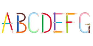 Buchstaben ABCDEFG, bunt gezeichnet in einer Reihe